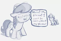 Size: 1159x785 | Tagged: safe, artist:heretichesh, derpibooru import, diamond tiara, silver spoon, earth pony, pony, blushing, dialogue, diamond tiara is not amused, duo, eyes closed, female, filly, floppy ears, glasses, jewelry, johnny bravo, missing accessory, monochrome, oh no, open mouth, speech bubble, text, tiara