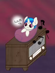 Size: 1200x1600 | Tagged: safe, artist:ismim_art, derpibooru import, vinyl scratch, pony, unicorn, baby, baby vinyl, foal, foal vinyl, gen5, music, radio, solo, vinyl, wub, young