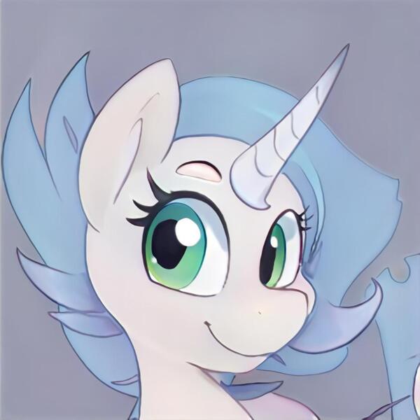 Size: 1024x1024 | Tagged: safe, artist:thisponydoesnotexist, derpibooru import, machine learning generated, pony, unicorn, gray background, image, jpeg, neural network, simple background, smiling