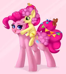 Size: 2298x2550 | Tagged: safe, artist:jennyberry, derpibooru import, li'l cheese, pinkie pie, earth pony, pony, the last problem, duo, female, fluffy, male, mother and child, mother and son, ponies riding ponies, ride, riding