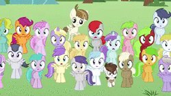 Size: 1280x720 | Tagged: safe, artist:punzil504, artist:the-mystery-of-doom, derpibooru import, edit, edited screencap, screencap, alula, apple bloom, apple squash, applecore, aquamarine, archer (character), aura (character), babs seed, bee bop, boysenberry, button mash, cotton cloudy, cyan skies, diamond tiara, dinky hooves, featherweight, firelock, first base, gallop j. fry, lemon daze, lickety split, little red, liza doolots, mango dash, noi, peach fuzz, peachy pie, petunia, pipsqueak, piña colada, rainy feather, red june, ruby pinch, rumble, scootablue, scootaloo, shady daze, silver spoon, snails, snips, strike, sun glimmer, sunny daze, super funk, sweet pop, sweet tooth, sweetie belle, tootsie flute, tornado bolt, train tracks (character), truffle shuffle, zippoorwhill, earth pony, pegasus, pony, unicorn, twilight time, :o, animated, apple family member, colt, female, filly, foal, group photo, group shot, lickety split (g4), looking at you, male, open mouth, song, song reference, sound, webm