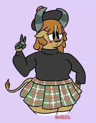 Size: 1220x1555 | Tagged: oc name needed, safe, artist:nosebleed, derpibooru import, oc, anthro, yak, blushing, clothes, ginger, kilt, kneesocks, original character do not steal, socks, solo, sweater, tartan, thick, thighs, tights, turtleneck