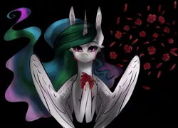 Size: 1080x777 | Tagged: semi-grimdark, artist:laurawithacat, derpibooru import, princess celestia, alicorn, pony, blood, bust, crying, female, flower, frown, mare, petals, rose, solo, tears of blood