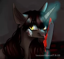 Size: 1080x1003 | Tagged: semi-grimdark, artist:laurawithacat, derpibooru import, oc, unofficial characters only, pony, unicorn, bandage, blade lick, blood, eyelashes, female, glowing horn, horn, knife, magic, mare, solo, telekinesis, tongue out, unicorn oc