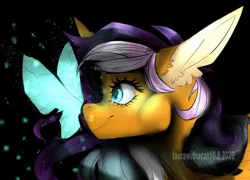 Size: 1080x777 | Tagged: safe, artist:laurawithacat, derpibooru import, oc, unofficial characters only, butterfly, earth pony, insect, pony, bust, earth pony oc, eyelashes, smiling