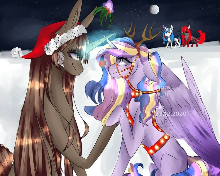 Size: 1080x864 | Tagged: safe, artist:laurawithacat, derpibooru import, oc, oc:princess esmerelda, unofficial characters only, alicorn, pony, unicorn, alicorn oc, antlers, bedroom eyes, bridle, christmas, eyelashes, female, full moon, glowing horn, harness, hat, holiday, horn, mare, moon, night, reindeer antlers, santa hat, smiling, snow, tack, unicorn oc, wings