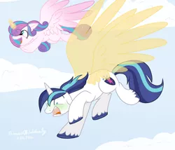 Size: 1280x1098 | Tagged: safe, artist:princessesmeraldaofficial, derpibooru import, princess flurry heart, shining armor, alicorn, pony, unicorn, airsick armor, artificial wings, augmented, father and child, father and daughter, female, filly, flying, glowing horn, horn, looking down, magic, magic wings, male, open mouth, scared, smiling, stallion, unshorn fetlocks, wings