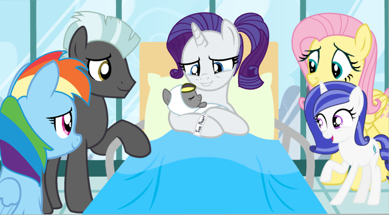 Size: 1116x617 | Tagged: safe, artist:crystalrainbowlife, derpibooru import, fluttershy, rainbow dash, rarity, thunderlane, oc, oc:starry sky, oc:sun pearl, pony, baby, baby pony, base used, bed, female, half-siblings, hospital bed, male, offspring, parent:fancypants, parent:rarity, parent:thunderlane, parents:rarilane, parents:raripants, rarilane, shipping, straight