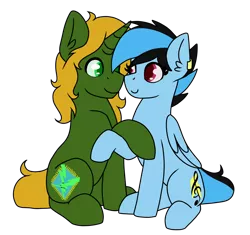Size: 2480x2328 | Tagged: safe, artist:sevenserenity, derpibooru import, oc, oc:dravakiirm, oc:icylightning, unofficial characters only, pegasus, pony, unicorn, derpibooru community collaboration, 2021 community collab, boop, couple, duo, ear piercing, earring, holding hooves, jewelry, looking at each other, male, noseboop, piercing, simple background, sitting, stallion, transparent background