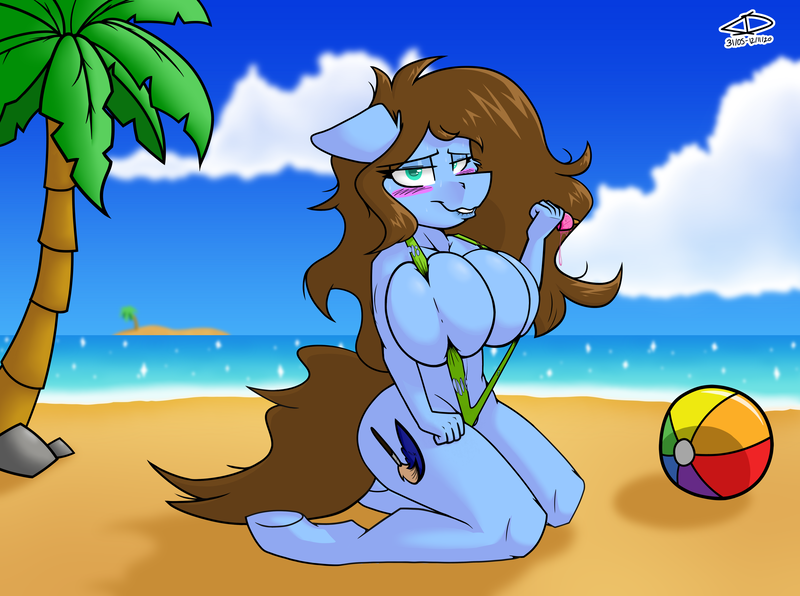 Size: 5400x4024 | Tagged: questionable, artist:adilord, derpibooru import, oc, oc:shinycyan, anthro, pegasus, unguligrade anthro, beach, beach ball, bedroom eyes, belly button, big breasts, bikini, blushing, breast expansion, breasts, clothes, cloud, covering breasts, digital art, eye clipping through hair, female, fist, floppy ears, food, growth, huge breasts, ice cream, image, imminent wardrobe malfunction, island, kneeling, lip bite, lips, looking at you, ocean, palm tree, pegasus oc, png, ponysona, ripping clothes, sky, sling bikini, solo, solo female, story included, summer, sweat, swimsuit, tight clothing, tree, undersized clothes, wardrobe malfunction, water, wings