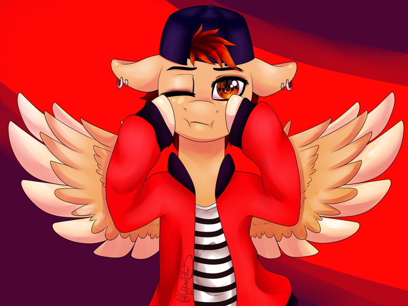 Size: 1600x1200 | Tagged: safe, artist:minelvi, derpibooru import, oc, unofficial characters only, pegasus, semi-anthro, abstract background, backwards ballcap, baseball cap, bust, cap, cheek squish, clothes, ear piercing, earring, hat, jewelry, makeup, one eye closed, pegasus oc, piercing, solo, spread wings, squishy cheeks, two toned wings, wings, wink