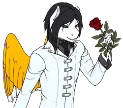 Size: 1167x1024 | Tagged: safe, artist:imreer, derpibooru import, oc, oc:richard, unofficial characters only, anthro, pegasus, clothes, eye scar, flower, heterochromia, male, pegasus oc, rose, scar, simple background, smiling, solo, transparent background, wings