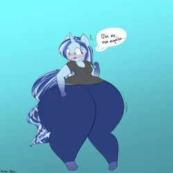 Size: 2700x2700 | Tagged: suggestive, artist:petra_bun, derpibooru import, oc, oc:urban wave, anthro, unguligrade anthro, unicorn, anthro oc, blushing, bottom heavy, breasts, butt, butt expansion, concerned, curse, embarrassed, extra thicc, fat, female, food, growth, hip expansion, huge butt, hyper, hyper hips, hyper pear, impossibly large butt, impossibly large thighs, impossibly wide hips, large butt, pear, pear shaped, plump, solo, thick, thighs, thunder thighs, tight clothing, weight gain, weight gain sequence, wide hips