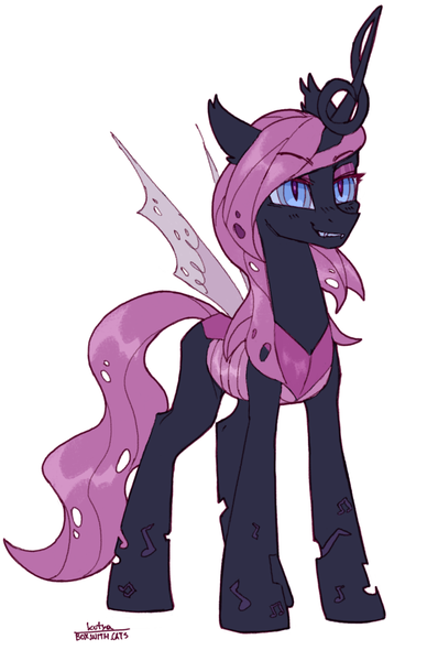 Size: 1147x1775 | Tagged: safe, artist:cherry_kotya, derpibooru import, changeling queen oc, oc, oc:queen medley, unofficial characters only, changeling, changeling queen, pony, changeling oc, female, full body, purple changeling, simple background, smiling at you, solo, wings