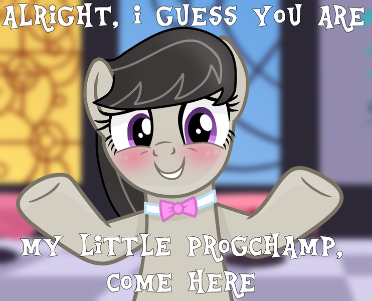 Size: 1500x1213 | Tagged: safe, artist:grapefruitface1, derpibooru import, octavia melody, pony, blushing, bowtie, bronybait, cute, dialogue, happy, incoming hug, looking at you, meme, my little pogchamp, open arms, progressive rock, raised hoof, solo, tavibetes