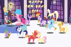 Size: 4320x2880 | Tagged: safe, anonymous artist, derpibooru import, applejack, big macintosh, discord, fluttershy, pinkie pie, rainbow dash, rarity, spike, starlight glimmer, sunburst, twilight sparkle, twilight sparkle (alicorn), oc, oc:late riser, alicorn, draconequus, earth pony, pegasus, pony, unicorn, series:fm holidays, 2021, alcohol, aunt and nephew, baby, baby pony, bipedal, champagne, champagne glass, cider, cider dash, colt, cork, dancing, discord being discord, drink, drunk, drunk bubbles, drunker dash, eyes closed, female, fireworks, fluttermac, happy new year, happy new year 2021, high res, holding a pony, holiday, jug, kissing, lamp, lampshade, lightbulb, male, mane seven, mane six, mare, new year, offspring, pacifier, parent:big macintosh, parent:fluttershy, parents:fluttermac, pointy ponies, punch (drink), punch bowl, shipping, stallion, straight, wine
