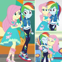 Size: 426x428 | Tagged: safe, derpibooru import, edit, screencap, fluttershy, rainbow dash, equestria girls, equestria girls series, holidays unwrapped, rollercoaster of friendship, spoiler:eqg series (season 2), arm in arm, clothes, collage, converse, dashing through the mall, duo, female, geode of fauna, geode of super speed, holding arms, hug, magical geodes, shipping fuel, shoes