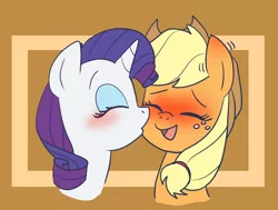 Size: 1152x869 | Tagged: safe, artist:dimbulb, derpibooru import, applejack, rarity, earth pony, unicorn, blushing, blushing ears, blushing profusely, eyes closed, female, kiss on the cheek, kissing, lesbian, open mouth, rarijack, shipping, smiling