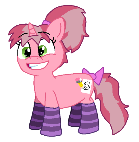 Size: 624x639 | Tagged: safe, artist:icecreamjaxxie, derpibooru import, oc, oc:doodly doo, unofficial characters only, pony, unicorn, bow, clothes, paper, pencil, ponytail, simple background, smiley face, smiling, socks, solo, striped socks, tail bow, transparent background