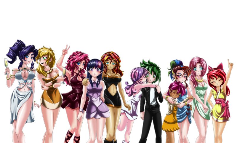 Size: 4000x2408 | Tagged: safe, alternate version, artist:mauroz, derpibooru import, apple bloom, applejack, fluttershy, pinkie pie, rainbow dash, rarity, scootaloo, spike, sunset shimmer, sweetie belle, twilight sparkle, human, absurd file size, anime, belly button, breasts, busty applejack, busty fluttershy, busty pinkie pie, busty rarity, busty sunset shimmer, busty twilight sparkle, cleavage, clothes, cutie mark crusaders, dress, female, humanized, male, mane seven, mane six, midriff, shipping, side slit, simple background, spikebelle, straight, suit, transparent background