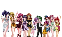 Size: 4000x2408 | Tagged: safe, alternate version, artist:mauroz, derpibooru import, apple bloom, applejack, fluttershy, pinkie pie, rainbow dash, rarity, scootaloo, spike, sunset shimmer, sweetie belle, twilight sparkle, human, absurd file size, anime, belly button, breasts, busty applejack, busty fluttershy, busty pinkie pie, busty rarity, busty sunset shimmer, busty twilight sparkle, cleavage, clothes, cutie mark crusaders, dress, female, humanized, male, mane seven, mane six, midriff, shipping, side slit, simple background, spikebelle, straight, suit, transparent background