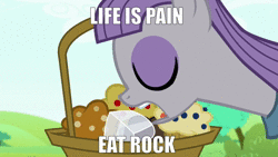 Size: 1920x1080 | Tagged: safe, derpibooru import, edit, edited screencap, fifteen.ai, screencap, maud pie, earth pony, pony, maud pie (episode), animated, artificial intelligence, basket, eyes closed, female, food, mare, meme, muffin, open mouth, picnic basket, rock, solo, sound, sound only, that pony sure does love rocks, webm