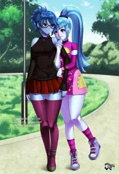 Size: 688x1000 | Tagged: safe, artist:jadenkaiba, derpibooru import, sonata dusk, oc, oc:moonlight, equestria girls, blushing, canon x oc, close together, clothes, commission, converse, fanfic art, female, lesbian, looking at each other, park, shoes, smiling, taco dress, watermark