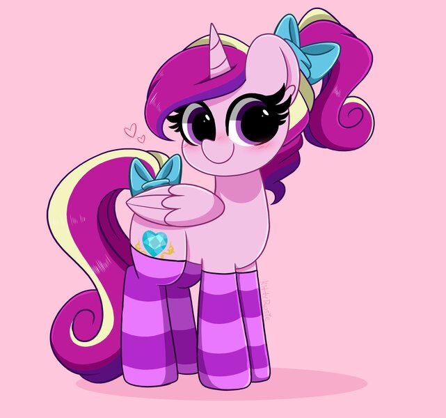 Size: 4096x3836 | Tagged: safe, artist:kittyrosie, derpibooru import, princess cadance, alicorn, pony, alternate hairstyle, blushing, bow, clothes, cute, cutedance, female, looking at you, mare, pink background, ponytail, ribbon, simple background, smiling, socks, solo, striped socks, tail bow, weapons-grade cute