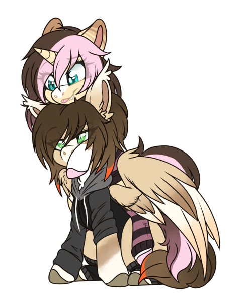 Size: 2176x2650 | Tagged: safe, artist:red_moonwolf, derpibooru import, oc, oc:eclipsed moonwolf, oc:orange lightning, unofficial characters only, pegasus, unicorn, derpibooru community collaboration, 2021 community collab, :p, clothes, couple, female, hoodie, lesbian, simple background, socks, striped socks, tongue out, transparent background, unshorn fetlocks