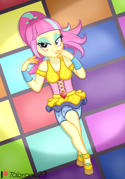 Size: 1215x1729 | Tagged: safe, artist:tabrony23, derpibooru import, sour sweet, dance magic, equestria girls, equestria girls series, spoiler:eqg specials, beautiful, bedroom eyes, breasts, busty sour sweet, cleavage, clothes, cute, female, high res, looking at you, lying down, patreon, patreon logo, seductive, sexy, shoes, solo, stupid sexy sour sweet