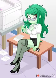 Size: 1312x1827 | Tagged: suggestive, artist:tabrony23, derpibooru import, wallflower blush, equestria girls, beautiful, breasts, busty wallflower blush, cleavage, clothes, costume, cute, female, glasses, high heels, looking at you, paper, patreon, patreon logo, photocopier, secretary, sexy, shoes, socks, solo, solo female, stapler, stockings, stupid sexy wallflower blush, thigh highs
