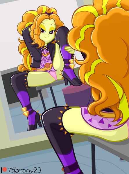 Size: 1405x1897 | Tagged: suggestive, artist:tabrony23, derpibooru import, adagio dazzle, equestria girls, equestria girls series, beautiful, bedroom eyes, boots, breasts, busty adagio dazzle, chair, clothes, cute, female, high heel boots, high res, looking at you, mirror, patreon, patreon logo, sexy, shoes, smiling, solo, solo female, spread legs, spreading, stupid sexy adagio dazzle, thigh boots, underwear