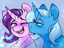 Size: 1280x948 | Tagged: safe, artist:sunnysynopsis, derpibooru import, starlight glimmer, trixie, pony, unicorn, female, kiss on the cheek, kissing, lesbian, one eye closed, shipping, smooch, startrix