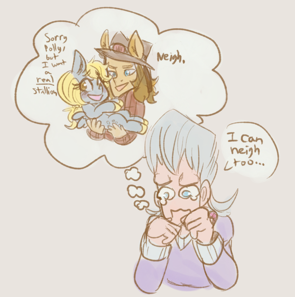 Size: 811x817 | Tagged: safe, artist:mimiporcellini, derpibooru import, derpy hooves, human, pegasus, crossover, crossover shipping, hol horse, interspecies, jean pierre polnareff, jjba, jojo's bizarre adventure, polnaderp, shipping