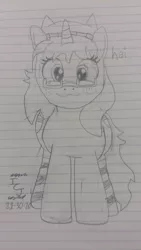 Size: 1836x3264 | Tagged: safe, artist:icecreamjaxxie, derpibooru import, oc, oc:mille feuille, unofficial characters only, pony, unicorn, :3, both cutie marks, clothes, cute, freckles, front view, glasses, hat, lined paper, looking at you, smiling at you, socks, solo, striped socks, traditional art