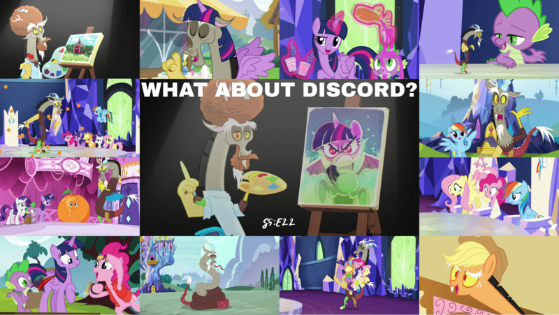 Size: 1968x1109 | Tagged: alicorn, applejack, back to the future, bob ross, cutie map, derpibooru import, discord, discord's painting, draconiross, edit, edited screencap, editor:quoterific, exploitable meme, flutterrange, fluttershy, food, group hug, hisscord, hug, inanimate tf, mane seven, mane six, meme, orange, orangified, pinkie pie, rainbow dash, rarity, safe, screencap, spike, transformation, twilight's castle, twilight sparkle, twilight sparkle (alicorn), twilight wig, what about discord?