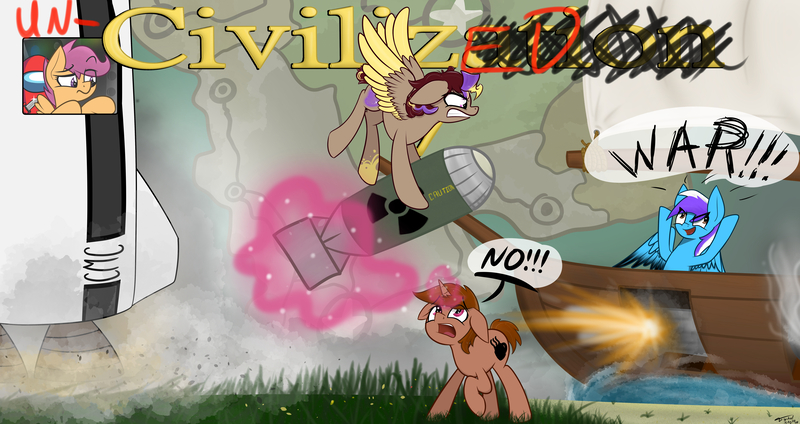 Size: 8500x4500 | Tagged: safe, artist:flywheel, derpibooru import, scootaloo, oc, oc:coffee, oc:flywheel, oc:hors, pegasus, pony, unicorn, among us, civilization v, female, funny, levitation, magic, mare, telekinesis