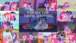 Size: 1954x1099 | Tagged: safe, derpibooru import, edit, edited screencap, editor:quoterific, screencap, fluttershy, pinkie pie, twilight sparkle, twilight sparkle (alicorn), alicorn, a canterlot wedding, a trivial pursuit, fame and misfortune, green isn't your color, horse play, it's about time, luna eclipsed, party of one, princess twilight sparkle (episode), tanks for the memories, the crystal empire, trade ya, winter wrap up, animal costume, big crown thingy, chicken pie, chicken suit, clothes, clown nose, costume, element of magic, female, future twilight, golden oaks library, hoofbump, ice skates, jewelry, lesbian, library, messy mane, regalia, shipping, star swirl the bearded costume, twigun, twinkie, wet, wet mane