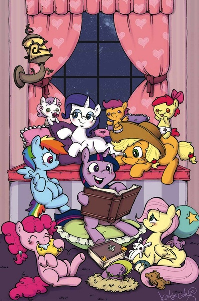 Size: 1273x1920 | Tagged: age regression, apple bloom, applejack, artist:katiacandraw, artist:katiecandraw, balloon, cover, cutie mark crusaders, derpibooru import, egg, fluttershy, idw, katie does it again, mane six, muppet babies, pinkie being pinkie, pinkie pie, rainbow dash, rarity, retailer incentive, safe, scootaloo, spike, spike's egg, spoiler:comic, sweetie belle, twilight sparkle, younger