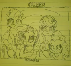 Size: 2226x2065 | Tagged: safe, artist:paulli, derpibooru import, applejack, pinkie pie, rainbow dash, rarity, ponified, pony, brian may, clothes, freddie mercury, john deacon, lined paper, movie accurate, photo, ponified album cover, queen (band), roger taylor, shirt, sleeveless, sleeveless shirt, song cover, traditional art