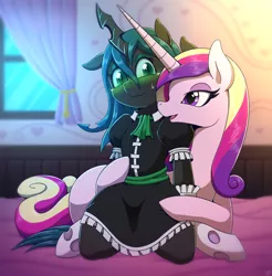 Size: 1800x1826 | Tagged: artist:vavacung, blushing, cadalis, changeling, changeling queen, clothes, comic:misguided love, derpibooru import, dress, female, infidelity, kneeling, lesbian, long neck, maid, princess cadance, queen chrysalis, shipping, skirt, socks, suggestive, sweat, sweatdrop