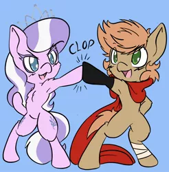 Size: 1514x1536 | Tagged: safe, artist:steelsoul, derpibooru import, diamond tiara, oc, oc:himmel, pony, bipedal, clothes, colt, female, filly, hoofbump, jewelry, male, open mouth, scarf, tiara