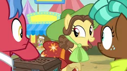 Size: 1920x1080 | Tagged: safe, derpibooru import, screencap, biscuit, jeff letrotski, spur, earth pony, pegasus, pony, growing up is hard to do, box, clothes, colt, female, filly, food stand, male, mare, neckerchief, stallion, teenager