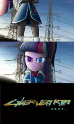 Size: 3840x6452 | Tagged: safe, artist:aryatheeditor, derpibooru import, sci-twi, twilight sparkle, equestria girls, angry, badass, bowtie, clothes, comic, crossover, cutie mark, cutie mark on clothes, cyberpunk, cyberpunk 2077, digital art, female, geode of telekinesis, glow, glowing eyes, heterochromia, jewelry, magical geodes, outfit, pendant, powerful sparkle, skirt, solo, subtitles, wings