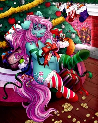 Size: 4000x5000 | Tagged: safe, alternate version, artist:dewdropinn, derpibooru import, part of a set, minty, earth pony, pony, blushing, candy canes, christmas, christmas lights, christmas presents, christmas stocking, christmas tree, clothes, ear fluff, fireplace, frog (hoof), garland, gift wrapped, holiday, minty christmas (dewdropinn), mismatched socks, pink mane, ribbon, smiling, socks, solo, stockings, striped socks, thigh highs, tree, underhoof