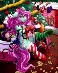 Size: 4000x5000 | Tagged: safe, alternate version, artist:dewdropinn, derpibooru import, part of a set, minty, earth pony, pony, g3, blushing, candy canes, christmas, christmas lights, christmas presents, christmas stocking, christmas tree, clothes, ear fluff, fireplace, frog (hoof), garland, gift wrapped, holiday, minty christmas (dewdropinn), mismatched socks, pink mane, ribbon, smiling, socks, solo, stockings, striped socks, thigh highs, tree, underhoof, winter minty