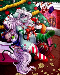 Size: 4000x5000 | Tagged: safe, alternate version, artist:dewdropinn, derpibooru import, part of a set, minty, earth pony, pony, blushing, candy canes, christmas, christmas lights, christmas presents, christmas stocking, christmas tree, clothes, ear fluff, fireplace, frog (hoof), garland, gift wrapped, holiday, minty christmas (dewdropinn), mismatched socks, pink mane, ribbon, smiling, socks, solo, stockings, striped socks, thigh highs, tree, underhoof