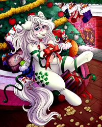Size: 4000x5000 | Tagged: safe, alternate version, artist:dewdropinn, derpibooru import, part of a set, minty, minty (g1), earth pony, pony, blushing, candy canes, christmas, christmas lights, christmas presents, christmas stocking, christmas tree, ear fluff, fireplace, frog (hoof), garland, gift wrapped, holiday, minty christmas (dewdropinn), pink mane, ribbon, smiling, solo, tree, underhoof