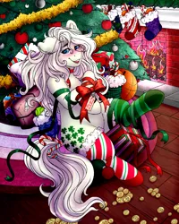Size: 4000x5000 | Tagged: safe, alternate version, artist:dewdropinn, derpibooru import, part of a set, minty, minty (g1), earth pony, pony, blushing, candy canes, christmas, christmas lights, christmas presents, christmas stocking, christmas tree, clothes, ear fluff, fireplace, frog (hoof), garland, gift wrapped, holiday, minty christmas (dewdropinn), mismatched socks, pink mane, ribbon, smiling, socks, solo, stockings, striped socks, thigh highs, tree, underhoof
