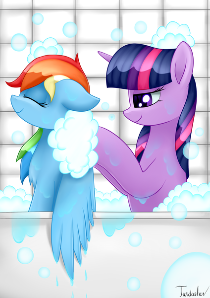 Size: 2480x3507 | Tagged: safe, artist:twidasher, derpibooru import, rainbow dash, twilight sparkle, pegasus, pony, bath, bathing, bathtub, eyes closed, female, floppy ears, lesbian, scrubbing, shipping, signature, soap bubble, twidash, water